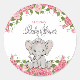 Pegatina Redonda Dulce Ducha de Bebé Princesa Elefante Floral Rosa
