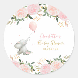 Pegatina Redonda Dulce Elefante Acuarela Floral Niña Baby Shower