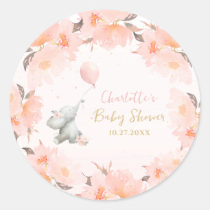 Pegatina Redonda Dulce Elefante Acuarela Floral Niña Baby Shower