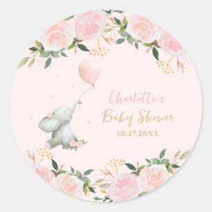 Pegatina Redonda Dulce Elefante Acuarela Floral Niña Baby Shower