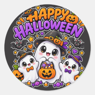 Pegatina Redonda Dulce familia de fantasmas de Halloween