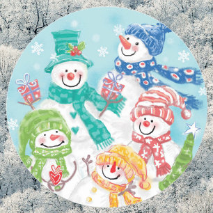 Pegatina Redonda Dulce familia de muñeco de nieve de Navidad en la 