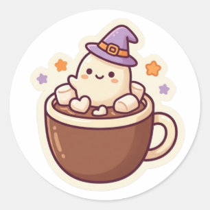 Pegatina Redonda Dulce Fantasma Chocolate Caliente Halloween Kawaii