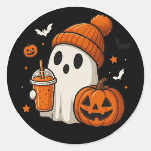 Pegatina Redonda Dulce Fantasma de Halloween con Calabaza y Bebida