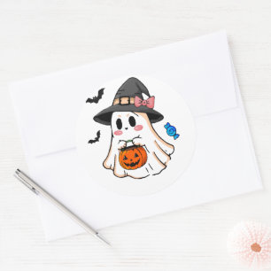 Pegatina Redonda Dulce fantasma de Halloween Kawaii con sombrero de