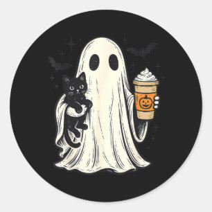 Pegatina Redonda Dulce Fantasma de Halloween Sosteniendo Gato Negro