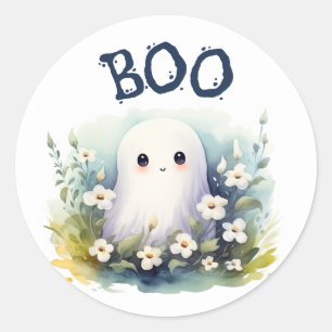 Pegatina Redonda Dulce Fantasma Floral de Halloween