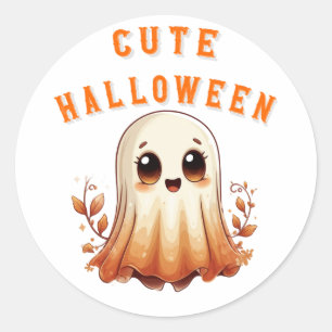Pegatina Redonda Dulce Fantasma Kawaii Con Hojas De Otoño Halloween