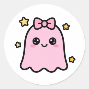 Pegatina Redonda Dulce Fantasma Rosa Halloween