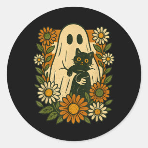 Pegatina Redonda Dulce fantasma sosteniendo gato negro floral diver