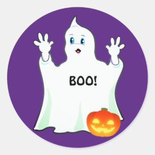 Pegatina Redonda Dulce fantasma y calabaza de Halloween en morado