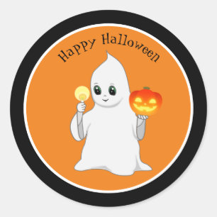 Pegatina Redonda Dulce fantasma y calabaza de Halloween en naranja