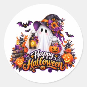 Pegatina Redonda Dulce Feliz Halloween Fantasma – Espeluznante y Co