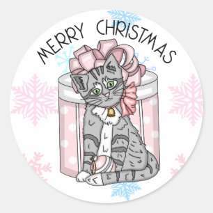 Pegatina Redonda Dulce Feliz Navidad Gray Kitten Pink Present