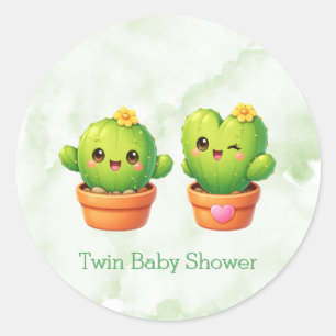 Pegatina Redonda Dulce Fiesta de Gemelos Cactus Baby Shower
