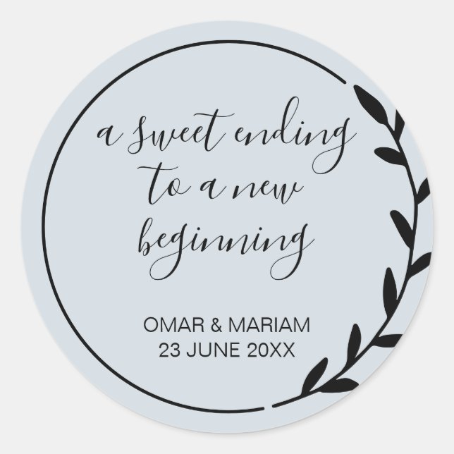 Pegatina Redonda Dulce final del nuevo comienzo Sage Green Boda (Anverso)