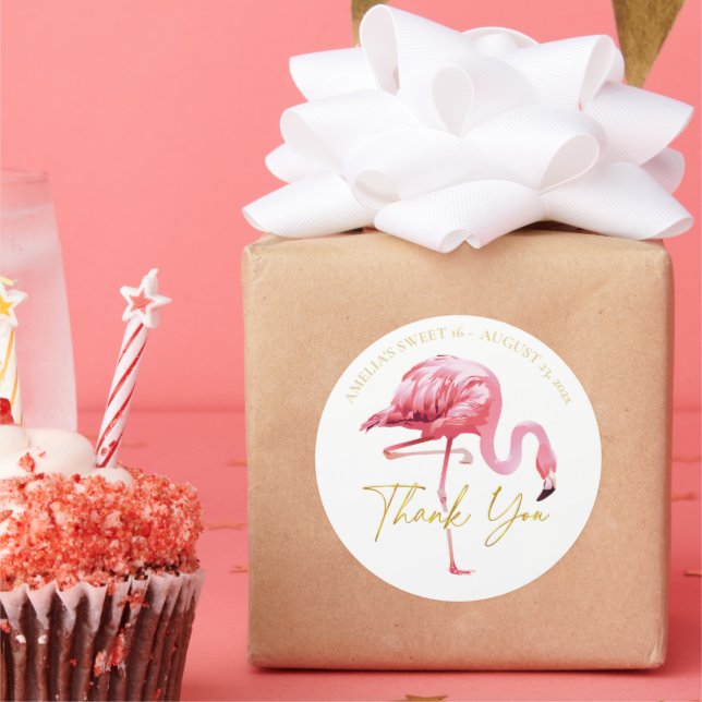 Pegatina Redonda Dulce Flamingo Tropical 16 Gracias ID922 (Fiesta)