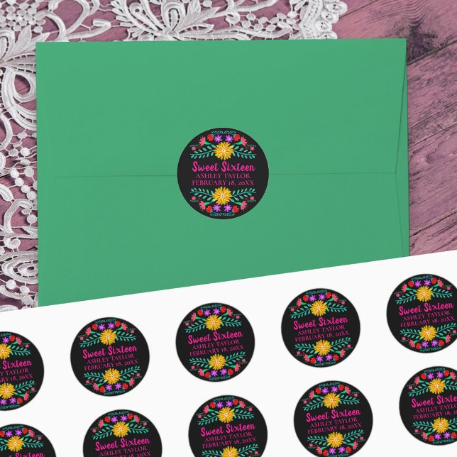 Pegatina Redonda Dulce floral Dieciséis Fiesta Mexicana Rosa (Sweet Sixteen stickers from my Mexican Fiesta Floral collection
)