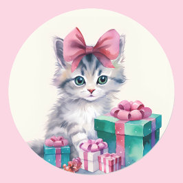 Pegatina Redonda Dulce Gato Kitty Big Pink Bow