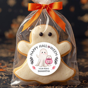 Pegatina Redonda Dulce Halloween Rosa Fantasma, Calabaza y Murcié