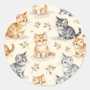 Pegatina Redonda Dulce Jengibre y Gatito Gris Acuarela Sin Costuras