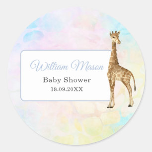 Pegatina Redonda Dulce jirafa bebé Baby Shower Azul Salvaje