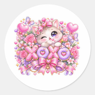 Pegatina Redonda Dulce Kawaii XOXO Gato Rosa Pastel Romántico Amor