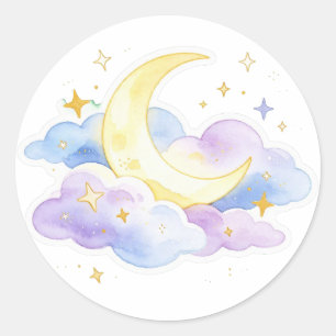 Pegatina Redonda Dulce Luna en Aguarela Nubes Estrellas Pastel Cele