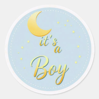 Pegatina Redonda Dulce Luna y Estrellas Azul y Dorado Es un Niño Ba