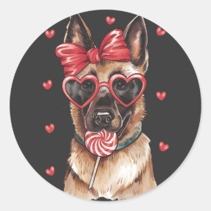 Pegatina Redonda Dulce malinois belga con Lollipop Valentine D