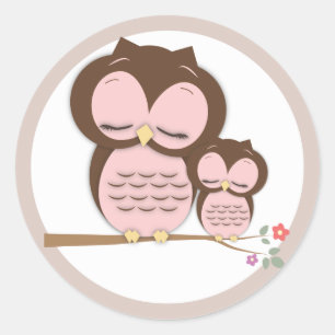 Pegatina Redonda Dulce mamá y Lechuza Bebé en una sucursal