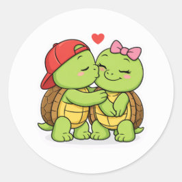 Pegatina Redonda Dulce momento de pareja de tortugas