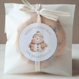 Pegatina Redonda Dulce Muñeco de Nieve Rosa Personalizado Feliz Nav