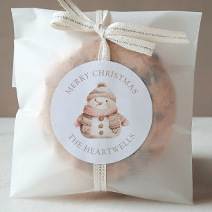 Pegatina Redonda Dulce Muñeco de Nieve Rosa Personalizado Feliz Nav