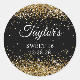 Pegatina Redonda Dulce negro Purpurina de oro 16