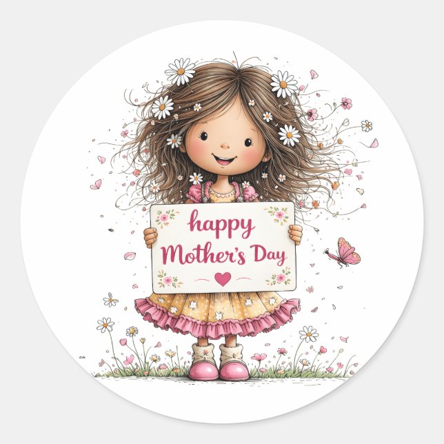 Pegatina Redonda Dulce niña Daisy Día de la Madre (Anverso)