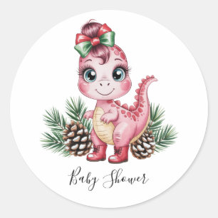 Pegatina Redonda Dulce niña dinosaurio en Navidad Baby Shower