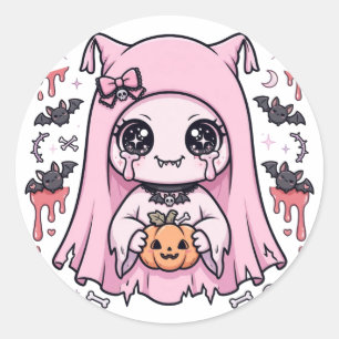 Pegatina Redonda Dulce niña fantasma rosa Kawaii calabaza de Hallow