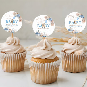 Pegatina Redonda Dulce Oso de Peluche Baby Shower Niño Boho Azul