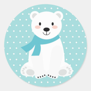 Pegatina Redonda Dulce Oso Polar Baby Shower Azul Turquesa