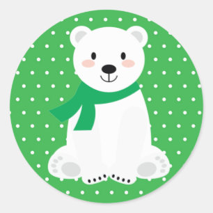 Pegatina Redonda Dulce Oso Polar Baby Shower Verde