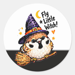 Pegatina Redonda Dulce pájaro gorrión Chibi Halloween bruja diverti