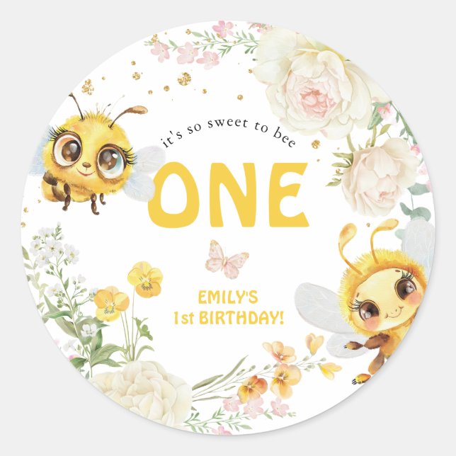 Pegatina Redonda Dulce para Abeja UN 1er Cumpleaños (Anverso)