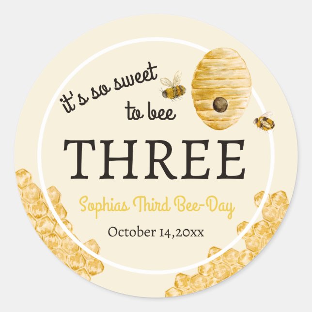 Pegatina Redonda Dulce Para Ser Tres Cumpleaños Abejas Colmena (Anverso)