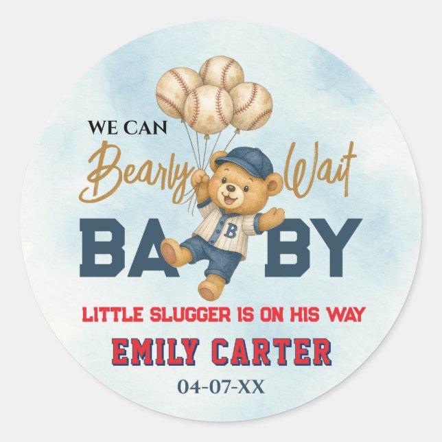 Pegatina Redonda Dulce Pequeño Bateador Azul Fiesta de Bebé (Anverso)