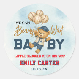 Pegatina Redonda Dulce Pequeño Slugger Azul Baby Shower
