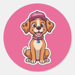 Pegatina Redonda Dulce perro caricaturista - Cachorro feliz en Pega