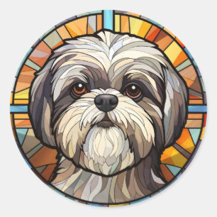 Pegatina Redonda Dulce Perro de Cristal Manchado Shih Tsu