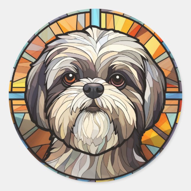 Pegatina Redonda Dulce Perro de Cristal Manchado Shih Tsu (Anverso)