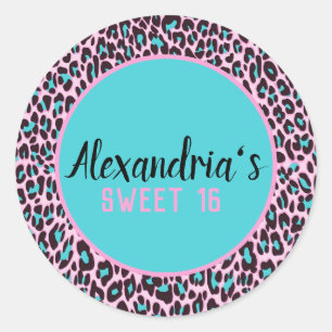 Pegatina Redonda Dulce personalizado rosado/Verde azulado leopardo 